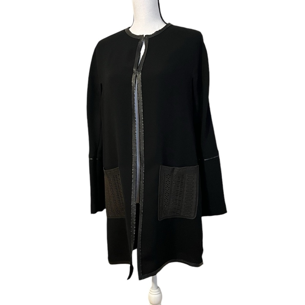 Elie Tahari Long Cardigan w Leather Details.